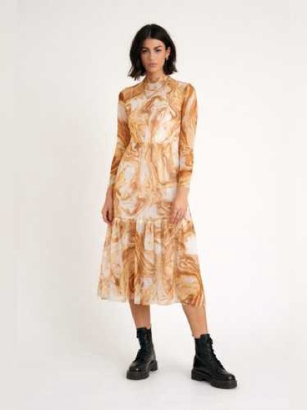 Dressed in LALA Marbled Cream & Tan Long Sleeve Midi Dress